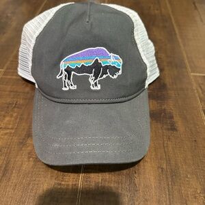 Patagonia Gray and White Trucker Hat with Buffalo Design